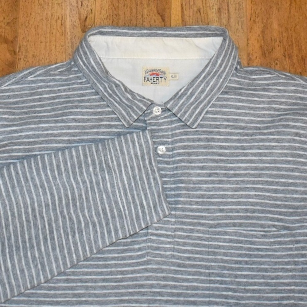 Faherty Polo Shirt Mens XL Grey Long Sleeve Striped Jersey Knit Pocket